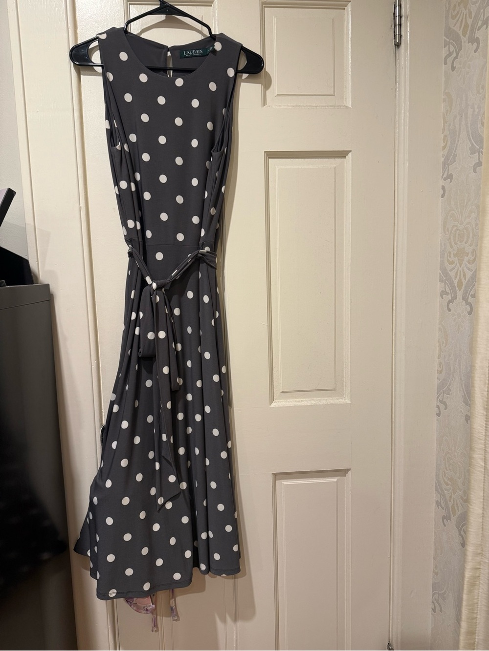 Lauren Ralph Lauren Charcoal Polka Dot Belted Midi Dress